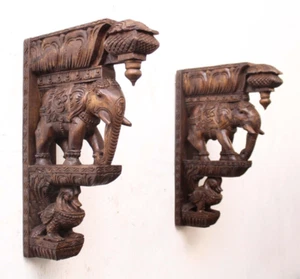 Wooden Wall Bracket Elephant Corbel Pair Indian Home Entrance / Door Decor Shelf - Picture 1 of 8
