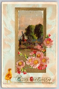 Postcard Easter Greetings Beaded Spring Pink Daisies Windmill Chick Sander 608 A - Picture 1 of 2