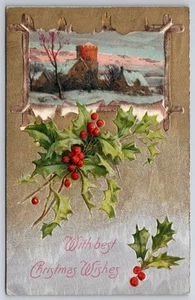 Postcard Christmas Holiday With Best Christmas Wishes Holly Village Embossed C19 - Picture 1 of 2