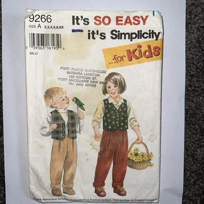 Simplicity 9266 Child’s Lined Vest & Elastic Back Pants Sewing Pattern Sz 2-6X - Image 1 of 4