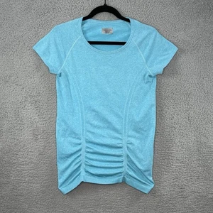 Athleta Fastest Track Tee Shirt Womens Size Medium Blue Short Sleeve Ruched Gym - Picture 1 of 8