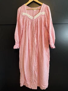Eileen West Red White Stripe Long Nightgown Size Large 3/4 Sleeves Lace Dainty - Picture 1 of 9