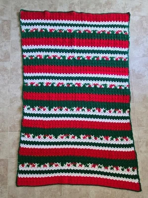 手工钩针阿富汗毛毯-CHRISTMAS 颜色红色绿色白色条纹-36 英寸 x 60 英寸 — 第 1/4 张图片