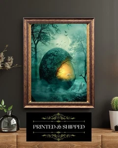 Impresión de arte de pared de huevo místico fantasía bosque encantado pájaro mágico sueño surrealista - Imagen 1 de 5