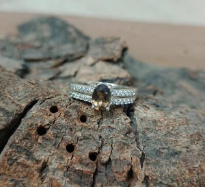 Anello in argento sterling 925 quarzo fumé naturale, zirconi con pietre prezi... - Foto 1 di 12