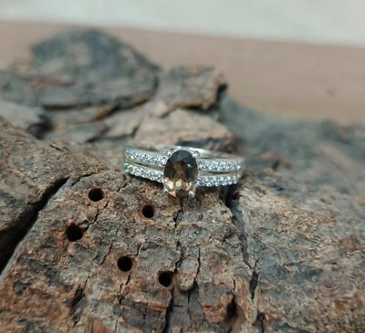 Anello in argento sterling 925 quarzo fumé naturale, zirconi con pietre prezi... - Immagine 1 di 4