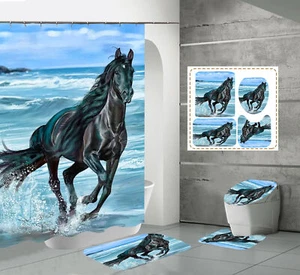 Seaside Steed Horse Shower Curtain Bath Mat Toilet Cover Rug Set - Picture 1 of 11