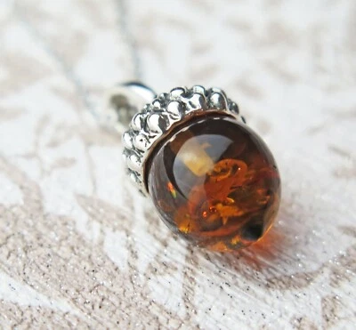 Sterling Silver Genuine Cognac Amber Lucky Acorn Pendant Necklace Mothers Day - Image 1 of 2