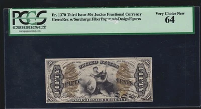 US 50c Justice Fractional Currency Note Green Back FR 1370 PCGS 64 V Ch CU (002) - Image 1 of 2