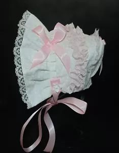 New Printed White With Pink Trim Baby Bonnet - Picture 1 of 4