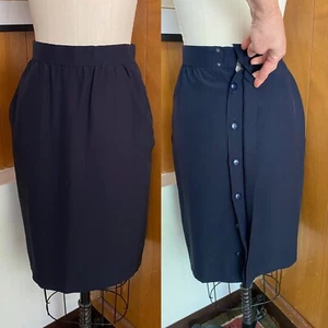 Vtg CHANEL Boutique Pencil Skirt Navy Back button 36 0 2 xs high waist silk ? - Picture 1 of 12