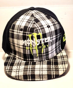 Monster Energy Fitted Ball Cap Black White Plaid Hat Size 7" Adult/Teens Cotton - Picture 1 of 7
