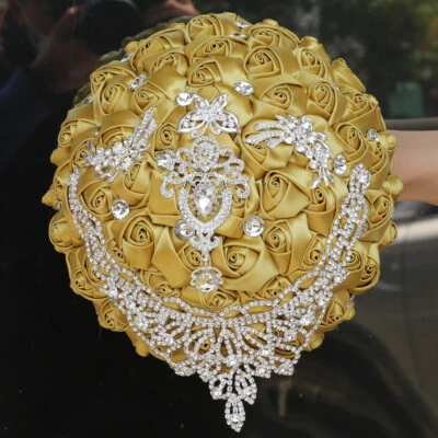 7" Bouquet Luxury White Red Bride Wedding Ribbon Brooch Pearl Satin Rose Decor - Image 1 of 4