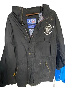 Large Vintage Oakland LA Raiders Starter Coat Jacket Puffer Hood 90s Black NFL RARE - Bild 1 von 7