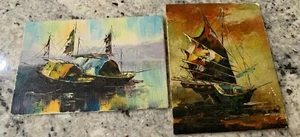 VTG Hong Kong Harbor Boat Seascape Set of 2 Small Oil Paintings by Refugees 60s - Picture 1 of 9