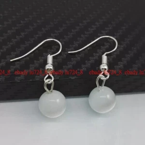 Exquisite 10mm White Cat's Eye Opal Gems Round Beads Dangle Silver Hook Earrings - Picture 1 of 12