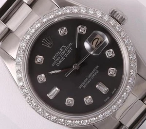 Rolex Datejust SS 36mm Watch-Oyster Band-Gray Baguette Dial-Diamond Bezel - Picture 1 of 7