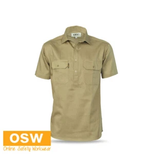 Cotton Drill Close Front Khaki Short Sleeve Work Shirt Twin Flap Pocket 3203 - Picture 1 of 2