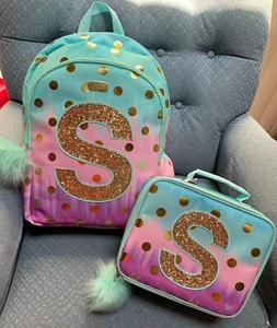 JUSTICE PASTEL POLKADOT OMBRE INITIAL (G,H,M,O,T)BACKPACK &  LUNCHBOX SET CUTE!! - Picture 1 of 5