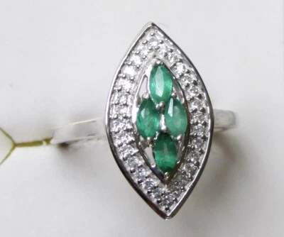 Genuine Emerald & Zircon Marquise Ring / size 5 / 925 Sterling Silver / 0.6cts - Image 1 of 4