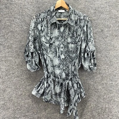 New York & Company Shirt Women M Medium Black Animal Print Button Up Belted - Image 1 of 4