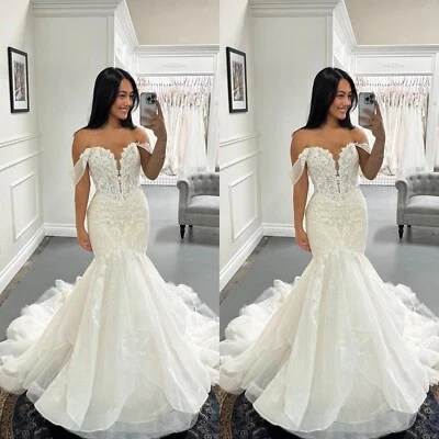 Mermaid Wedding Dresses Off Shoulder Sexy Beach Sweetheart Ruffles Bridal Gowns - Image 1 of 4