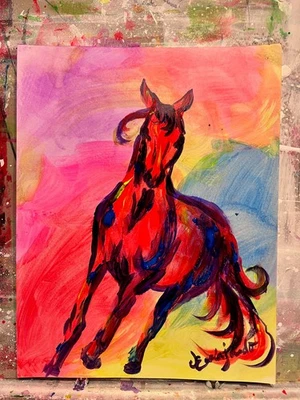 瓜哈多原版抽象五颜六色的马滑翔 14X11 纸签名艺术 — 第 1/4 张图片