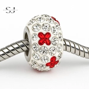 White & Red Flower Charm for Bracelets - 925 Silver plated Bead - Gift for Her - Picture 1 of 3