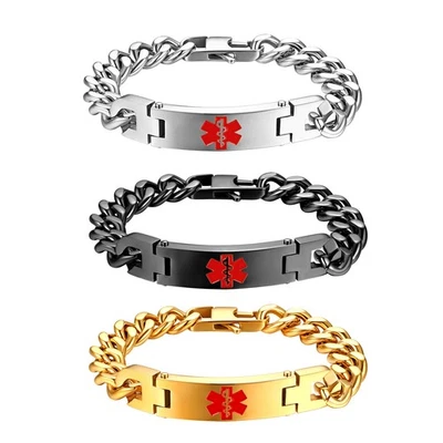 Pulsera Alerta Médica de Emergencia Acero Inoxidable Cadena Cubana Grabada Gratis Foto 1 de 3