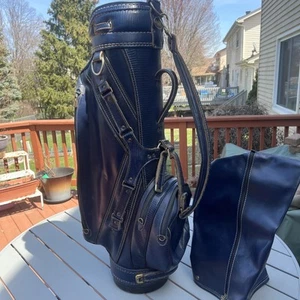 VTG Ron Miller Golf Cart Bag 6 Way Divider Dark Blue Leather-With Rain Cover-USA - Picture 1 of 13