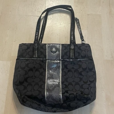 Coach Signature Black Python Stripe Tote Shoulder Canvas Handbag H1360-F25706 - Image 1 of 4