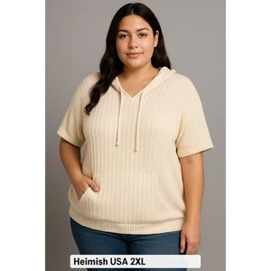 Heimish USA 2XL maglia testurizzata con cappuccio panna manica corta orlo elastico2 - Foto 1 di 8