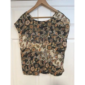 Nicole Miller 100% Linen Brown Tan Floral Print Sleeveless Boxy Cropped Top M - Picture 1 of 5