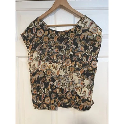Nicole Miller 100% Linen Brown Tan Floral Print Sleeveless Boxy Cropped Top M - Image 1 of 4