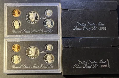 Lote de 2 juegos de monedas 1995 1996 PLATA EE. UU. prueba 5 certificado de autenticidad OGP COMPLETO Foto 1 de 2