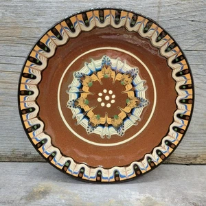 Vintage bulgarische trojanische Keramik roter Ton Mandala Teller handbemalt Emaille 8,75" - Bild 1 von 11