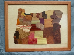 intarsia wood map,oregon,art,home,office,hardwood,exotic wood,carving,wood worki - Picture 1 of 3