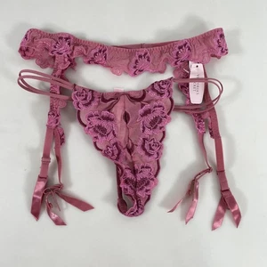 Victoria's Secret Dessous Set Damen kleiner Tanga Medium Strumpfgürtel rosa Spitze - Bild 1 von 17