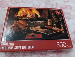 500 Teile Holzpuzzle "Rotwein Kamin Brot & Käse vollständig sehr guter Zustand + - Bild 1 von 7