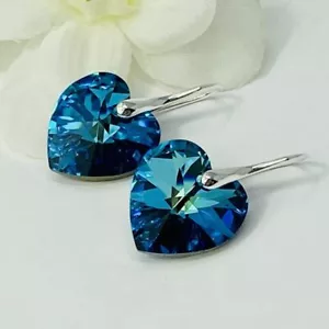 925 Silver Drop Earrings Heart Bermuda Blue Made With Austrian Crystals - Picture 1 of 13