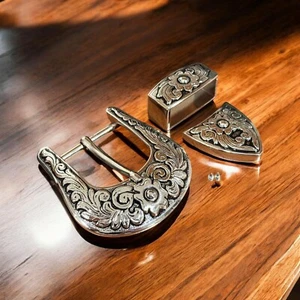 Western 3-Piece Belt Buckle Set Floral Engraved Silver Metal Cowboy Rodeo Style - Picture 1 of 8