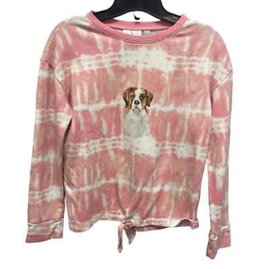 Hand Printed Upcycled Girls Large St Bernard Puppy Dog Front Tie Dye Sweatshirt - Picture 1 of 4