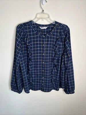 Blusa Sonoma Para Mujer PXL Larga S Doble Volantes Frontal Azul Marino Dorado a Cuadros Impecable Foto 1 de 4