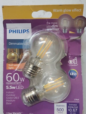 2 Philips 60-Watt Clear G16.5 LED Bulbs w/Medium Base - Dimmable - 500 Lumens - Image 1 of 4