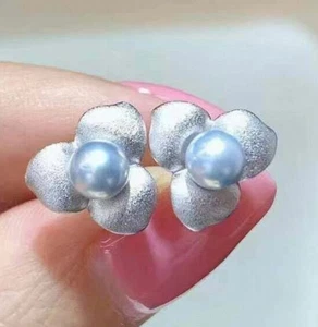 AAA 6-6,5 mm Natural Redondo Gris Perla Akoya Pendientes Plata de Ley 925 - Imagen 1 de 6