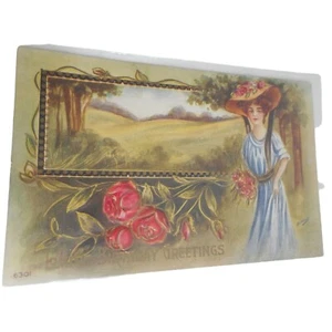 Cartolina d'epoca donna 1900 auguri compleanno floreale bella signora in rilievo - Foto 1 di 2