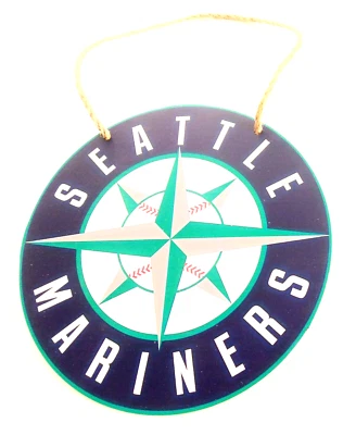 SEATTLE MARINERS WOODEN SIGN 7.75" Circular Hanging Wall Team Logo Decal & Rope - Image 1 of 4