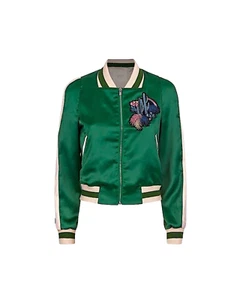 NWT’sMaje Satin Bomber Jacket Green/Cream Floral Embroidery Varsity Rue, Size 36 - Picture 1 of 9