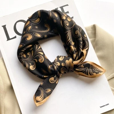 100% Silk 21" Square Scarf Women Neckerchief Wrap Kerchief Bandana Black Paisley - Image 1 of 4