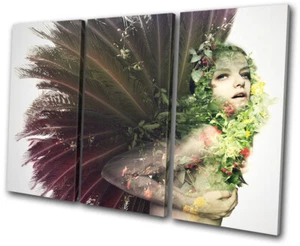 Flower Girl Peacock Surrealism Fantasy TREBLE CANVAS WALL ART Picture Print - Picture 1 of 1